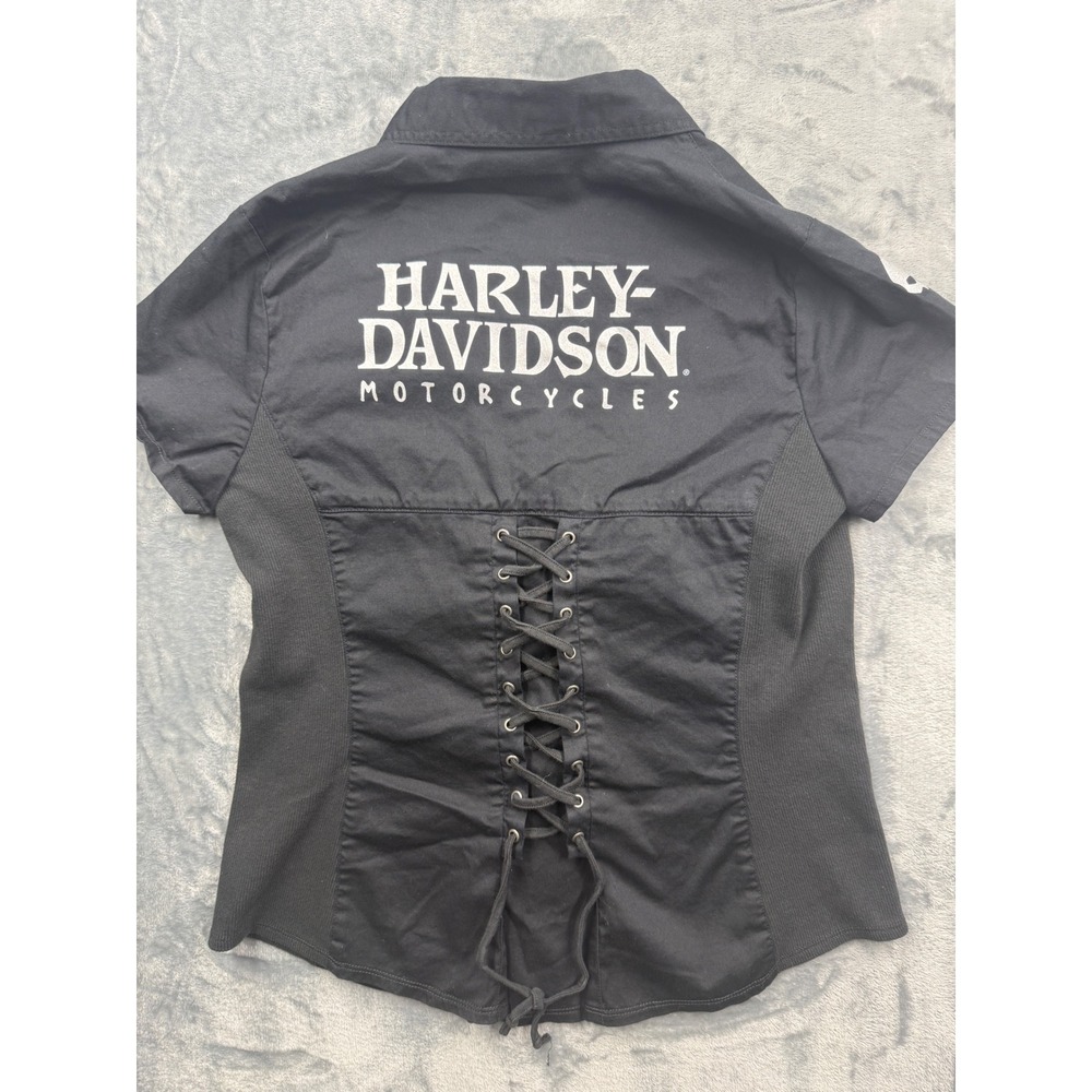 Harley Davidson Shirt Women Willie G Skull Zip Front Lace Back Black Medium - Picture 3 of 9